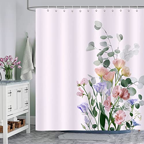 Bonhause Pink Floral Shower Curtain 72 x 72 Inch Flowers Eucalyptus Leaves Decorative Bath Curtain Polyester Fabric Waterproof Bathroom Curtain with 12 Hooks