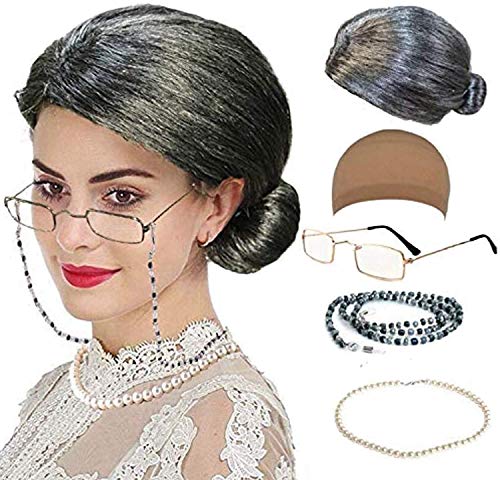 qnprt Old Lady Costume for Women, Kids 100 Days of School Grandma Wigs for Girls, Granny Costume Glasses for Halloween Adults,Style-2