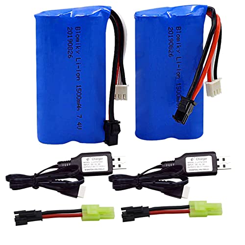 Blomiky 2 Pack H101 7.4V 2S 15C 1500mAh Battery with SM 2P Plug and USB Charger Cable for H105 H103 H101 Remote Control RC Boat H101 Battery and USB 2