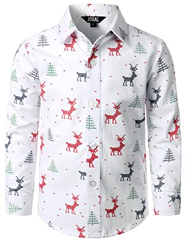 JOGAL Boys Christmas Santa Claus Party Long Sleeve Button Down Shirts White 12