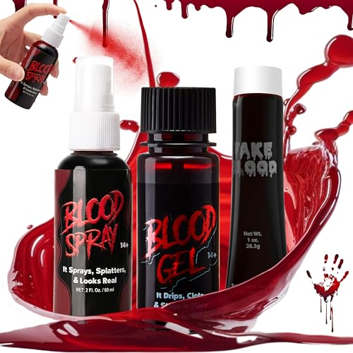 Spooktacular Creations 3 Packs Halloween Fake Blood Set, Halloween Blood Gel, Blood Spray and Vampire Blood Tube for Halloween Costume, Zombie, Vampire and Monster Makeup & Dress Up Cosplay