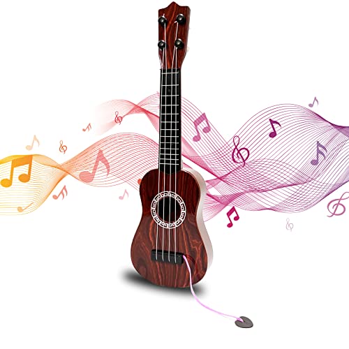 EOOLEOW 16 Inch Kids Toys Ukulele Guitar - 4 Strings Ukulele Musical Instruments Educational Toy with Picks, Mini Guitar Toddler Toys for Boys and Girls (Mahogany Color)