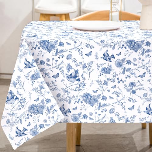 AnyDesign Vintage Floral Tablecloth Blue White Flower Reusable Fabric Table Cloth Chinoiserie Hydrangea Branch Rectangle Table Cover for Holiday Picnic Dinner Table Decor, 5.0 x 8.7 Ft