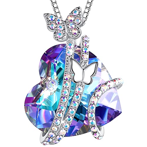 ASELFAD Butterfly Love Heart Pendant Necklaces with June Birthstone Crystals, Christmas Gifts, Anniversary Valentines Day Birthday Jewelry for Women Mom Wife Girlfriend -Purple