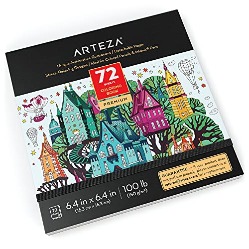 ARTEZA Adult Coloring Book, Architecture Designs, 72 Sheets, 6.4x6.4 Inches Coloring Pages, 100 lb Paper