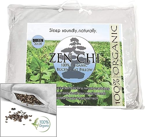 ZEN CHI Organic Queen Size Buckwheat Pillow for Sleeping (20'X30') w Natural Cooling Technology, All Cotton Cover w Organic Buckwheat Hulls Comfortable Sleep, Naturally Adjusts to Head