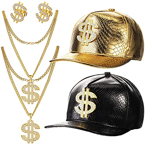 Zhanmai 6 Pcs Hip Hop Costume Rapper Accessories Including 80s 90s Baseball Cap Gold Dollar Sign Hat Pendant Necklaces Ring Kit for Men (Gold, Black, White)