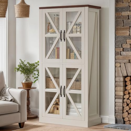 DWVO Storage Cabinet, Tall Bookshelf or Display Cabinet, 4 Shelves Curio Cabinet with Tempered Glass Doors, Trophy Display Case for Living Room and Dinning Room, White