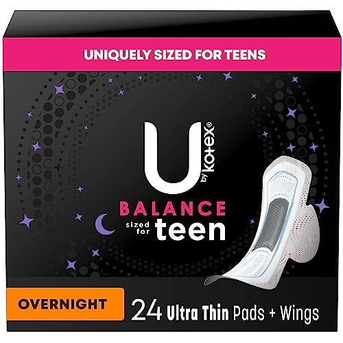 U by Kotex Balance Sized for Teens Ultra Thin Overnight Pads with Wings, 24 Count (Packaging May Vary)