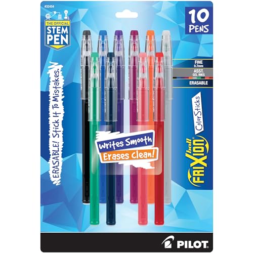 Pilot, FriXion ColorSticks Erasable Gel Ink Pens, Fine Point 0.7 mm, Pack of 10, Assorted Colors