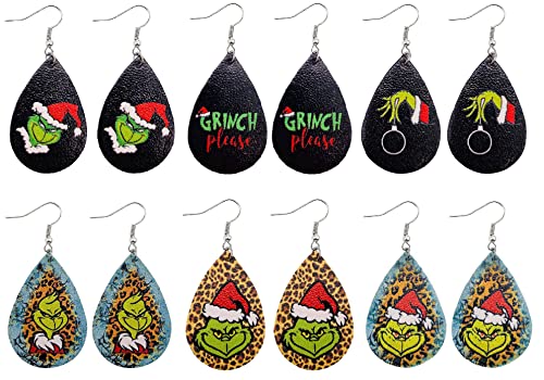 6PCS Grinch Earrings for Women Teardrop Dangle Faux Leather turtle Earrings Bulk Christmas Jewelry Gift for Xmas New Year Party Decorations -6pcs-2