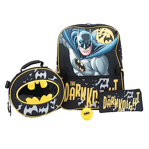 BATMAN 4 Piece Dark Knight Backpack Set, Kids School Travel Bag with Front Zip Pocket, Foam Mesh Side Pockets, 3D Insulated Lunch Box, Water Bottle, & Squish Ball Dangle, Black