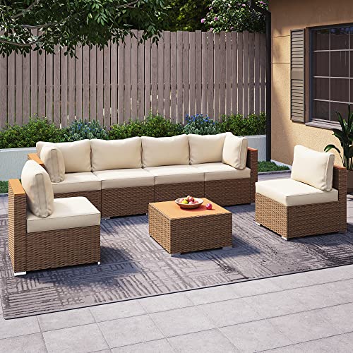 LAUSAINT HOME Outdoor Patio Furniture, 7 Piece Patio Furniture Set PE Rattan Sectional Conversation Sets with Thick Cushions & Wood-Like Coffee Table for Garden, Porch(Beige/Brown Wicker)