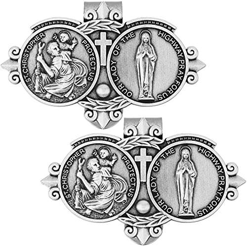 St Christopher Medal for Car St Christopher Catholic Visor Clip for Car Our Lady of The Highway Visor Clip Silver Car Driver Visor Clips Saint Christoper Clips for Cars Driving Decorations(2 Pieces)