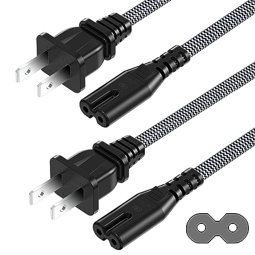 AC Power Cord 6FT(2 Pack), 2 Prong TV Power Cord, Nylon Braid Cable Replacement for Xbox One S, Xbox One X, Xbox Series X, PS3, PS4, PS5, Compatible for Printer, Monitor, Sound Bar, Game Console