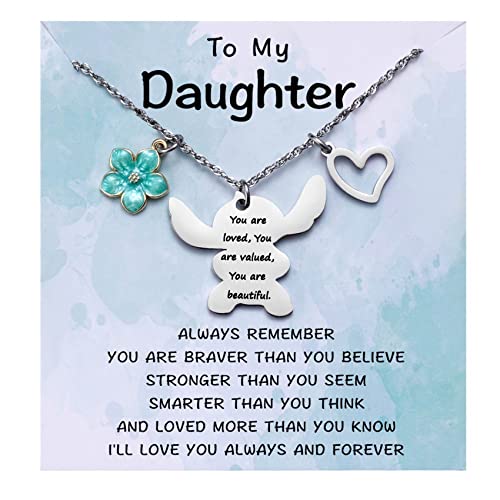 Stitch Gifts To My Daughter You are Loved You are Valued You are Beautiful Stitch Necklace&Message Card Gift for Teen Daughter, Little Lilo Stitch Lover Birthday Jewelry Gifts for Little Teen Girls