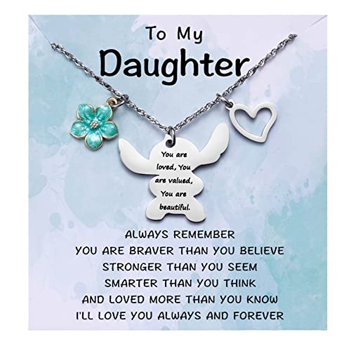Stitch Gifts To My Daughter You are Loved You are Valued You are Beautiful Stitch Necklace&Message Card Gift for Teen Daughter, Little Lilo Stitch Lover Birthday Jewelry Gifts for Little Teen Girls