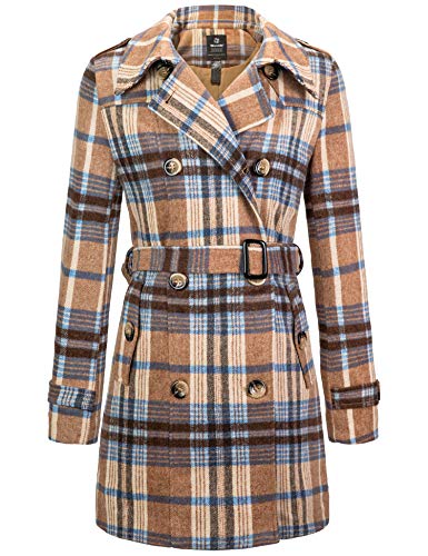 wantdo Women's Plaid Pea Coat Double Breasted Long Trench Coat Windbreaker Yellow Plaid M