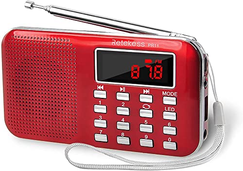 Retekess PR11 AM FM Radio Portable, Rechargeable Radio Digital Tuning, MP3 Music Player Speaker Support Micro SD, AUX, USB Port, Ideal for Outdoor (Red)