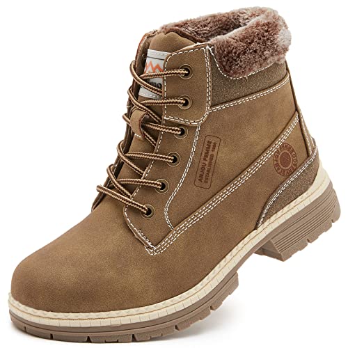 COTTIMO Snow Hiking Winter Boots for Women - Casual Brown Combat Work Boot - Non-slip Fur-Lined Ankle Boots - Fashion Boots Waterproof Leather Shoes Clearance LMW19-KHAKI-8.5