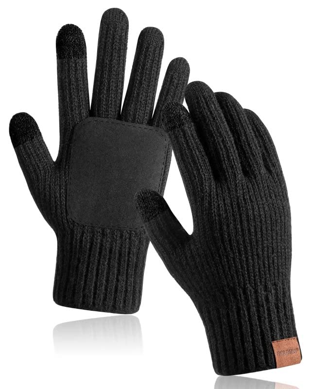 HOLDINA Winter Gloves Men Touchscreen Texting,Gloves for Men Knit Warm Anti-Slip Design,Gloves for Women Thermal Fleece Lined for Cold Weather（Black-L）