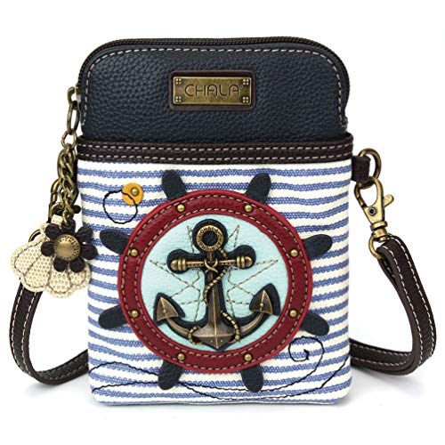 CHALA Cell Phone Crossbody Purse-Women PU Leather/Canvas Multicolor Handbag with Adjustable Strap - Anchor - blue & white stripe