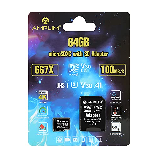 Amplim Micro SD Card 64GB, MicroSD Memory Plus Adapter, MicroSDXC SDXC U3 Class 10 V30 UHS-I TF Extreme High Speed Nintendo-Switch, Go Pro Hero, Surface, Phone Galaxy, Camera Security Cam, Tablet