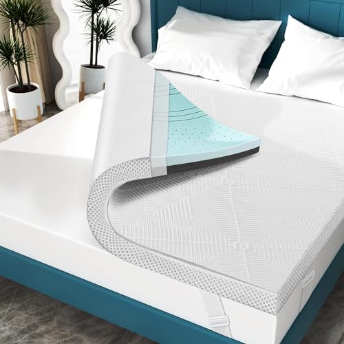 Elviros 3 Inch Gel Memory Foam Mattress Topper Queen Size, Adjustable Cooling Bed Topper for Back Pain, Dual Layer Mattress Pad with Removable Cover (Queen, White)