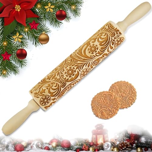 Wooden Embossed Rolling Pin for Baking, Deep Engraved Embossing Rolling Pins with Christmas Snowflake Flower Designs for Baking Cookies, Cookie Stamps Roller, Kitchen Decor DIY Tools for Kids Adults