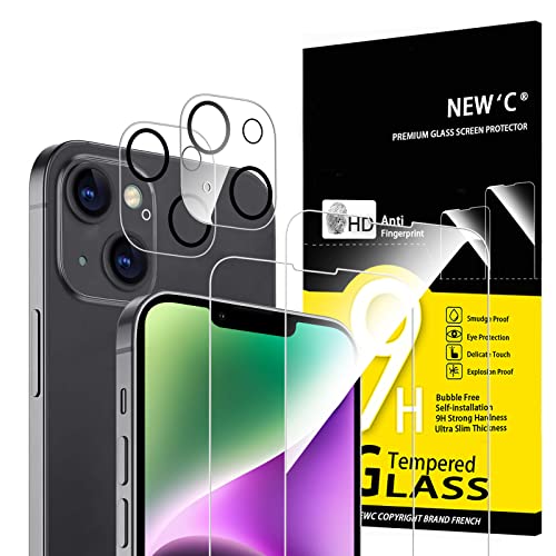 NEW'C [4 Pack, 2 x Glass Screen Protector for iPhone 14 (6,1') and 2 x Camera lens Protector, Scratch-Resistant, No Air Bubbles, Extremely Durable, 9H Hardness Tempered Glass