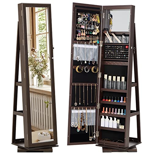 SERWALL 360 Rotating Jewelry Stand Organizer - Jewelry Armoire with Full-Length Mirror- Freestanding Dressing Mirror Jewelry Cabinet Storage - Brown