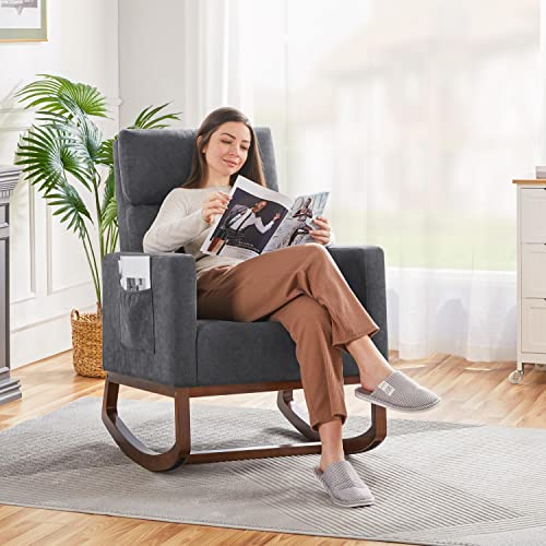 Yaheetech Rocking Chair, Upholstered Glider Chair with Side Pocket, Nursery Chair with High Backrest and Rubber Wood Legs, Rocking Accent Armchair for Living Room Bedroom Nursery, Gray