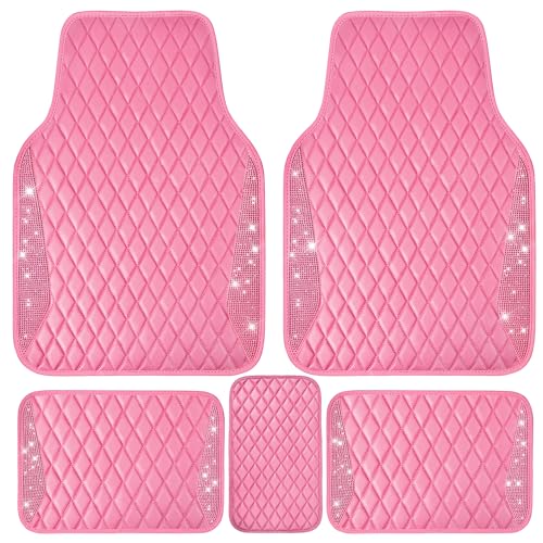 CAR PASS Bling Leather Car Mats Shining Diamond Floor Mats Crystal Rhinestones Sparkly Glitter Carpet Anti-Slip Waterproof Pad Universal Fit for Automotive SUV, Sedan, Van, 5pcs for Girl Women Pink