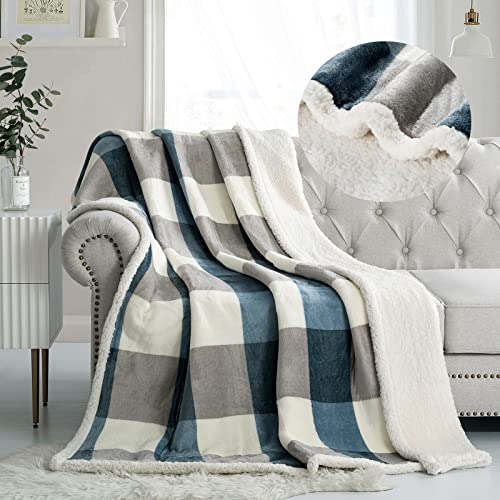PU MEI Sherpa Fleece Throw Blanket 60' x 80' Reversible Plush Fluffy Large Big Blanket Lattice Flannel Blankets for Sofa Couch Bed (Grey-Soft Blue, 60'*80')