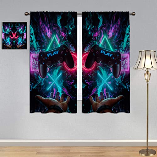 GY Gamepad Gamer Curtains, Thermal Insulated Printed Curtain Video Games Controller Curtains Rod Pocket Decor Curtains 52x63 Inch