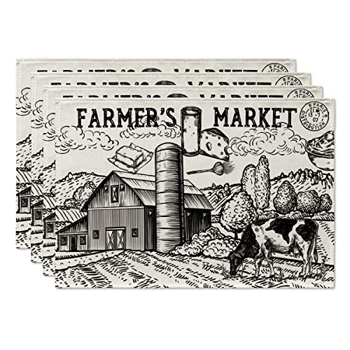 Artoid Mode Tractor Milk Farm Placemats Set of 4, 12x18 Inch Seasonal Autumn Cow House Fall Table Mats for Party Kitchen Dining Decoration Beige