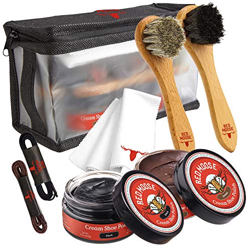 RED MOOSE 8pc Black and Brown Shoe/Boot Cleaning Kit – Polish, Brushes, Cloth, Case