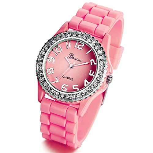 Lancardo Silicone Ceramic Style Pink Wrist Watch Silver Trim and Sparkly Rhinestones Surround for Teens Christmas