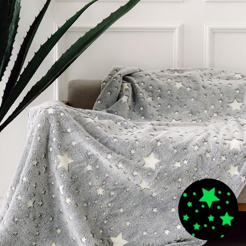 FORESTAR Glow in The Dark Blanket for Girls Boys, Christmas Birthday Gifts for Kids, Soft Warm Furry Throw Blanket, 50'×60' Stars Gray