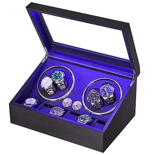 ANWBROAD Watch Winder for Automatic Watches 4 Watch Rotator +6 Extra Storages with Super Quiet Motor and LED Backlight Watch Turner Carbon Fiber Watch Shaker 5 Rotating Modes UJWW002C