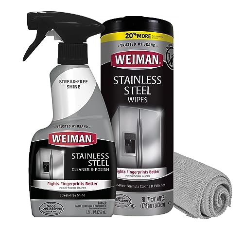 Weiman Stainless Steel Cleaner Kit - Fingerprint Resistant, Removes Residue, Water Marks and Grease from Appliances Works Great on Refrigerators, Dishwashers, Ovens, Grills Packaging May Vary