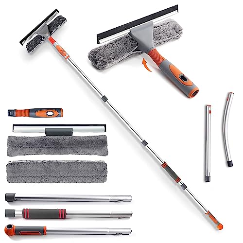 Baban Window Squeegee Cleaner, 2 in 1 Window Cleaning Tool with Elbow and Straight Extension Pole, 62'' Telescopic Window Washing Equipment with Bendable Head for Car Glass Indoor Outdoor High Windows
