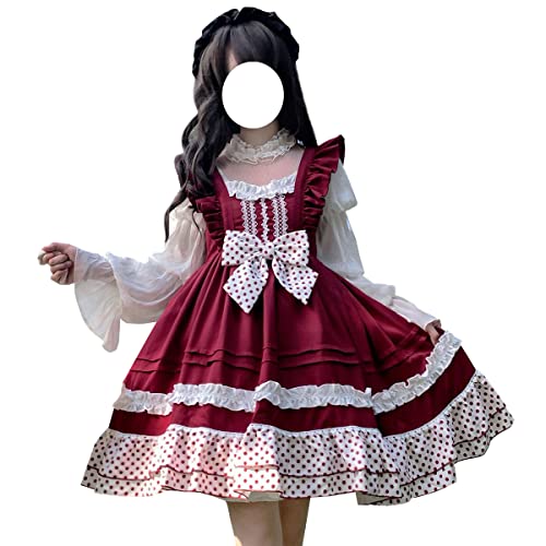 Boojze Teen Girls Sweet Polka Dot Ruffles Princess Dress with Bowknot Lolita Sleeveless High Waist Cute Dresses (Red) Medium