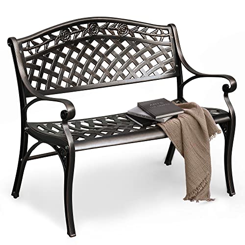 DWVO 39.4’’ Cast Aluminum Outdoor Bench, 2-Person Patio Garden Benches for Outdoors, Metal Frame Patio Bench for Porch Backyard, Outdoor Furniture, Park Bench, Outdoor Benches for Lawn Deck, Bronze
