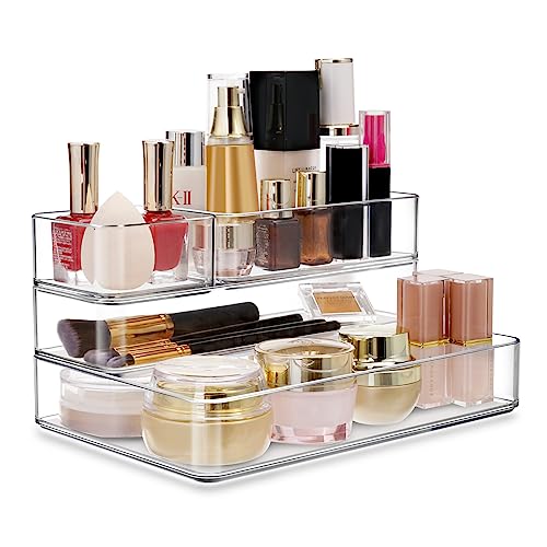 Makeup Organizer - 4 Pieces Acrylic Makeup Storage for Stackable Cosmetic Display Cases, Large Capacity & 360°Visible Corner Bathroom Counter Organizer for Dresser and Bathroom Countertop, Kitchen