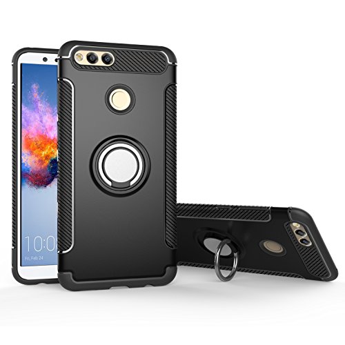 Orzero TPU + PC Hybrid Dual Layer Case for Huawei Honor 7X, Huawei Mate SE Full Body Heavy Duty Protection 360 Rotating Metal Ring (Adsorbed Iron Plate) (Huawei Honor 7X Not Included)-Black