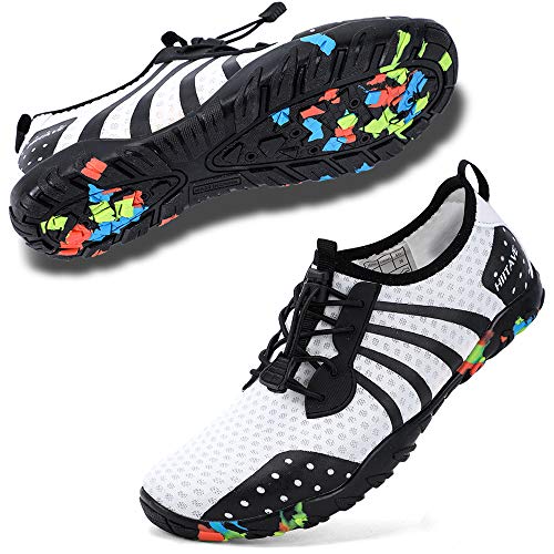 HIITAVE Water Shoes for Men/Women/Adults, Aqua Beach Pool Swim Shoes White Black W8/M7