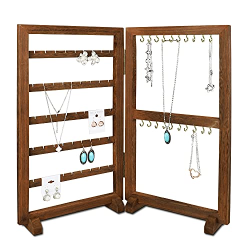 Ikee Design 2-Way Wooden Wall Mounted & Foldable Jewelry Display, with 5 Rows of Earring Display and 20 Hooks for Store, Earring Card & Necklaces Display, 18 W x 2 3/4 D x 15 3/4 H in