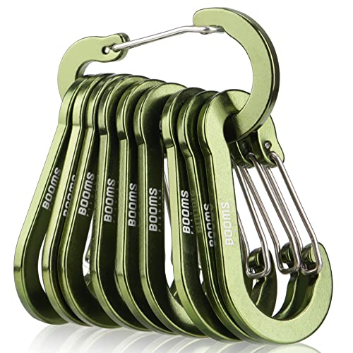 Booms Fishing CC5 Multi-Use Carabiner Clips, 10 Pack 2.7' Small Caribeener Clips, Mini Keychain Caribeaner Clip, Aluminum D Ring Carabiners, Green