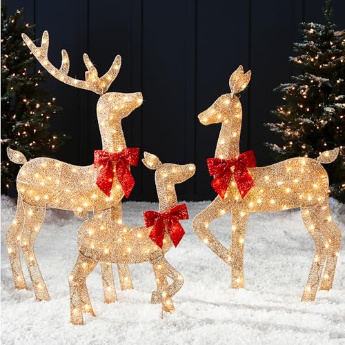 Best Choice Products 4ft 3-Piece 2D Lighted Christmas Deer Family Set, Large Outdoor Yard Reindeer Holiday Decoration with 175 LED Lights, Stakes, Zip Ties - Gold